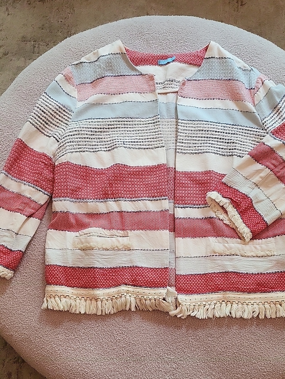 J. McLaughlin Striped Fringe Open-Front Jacket
